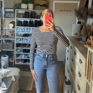 Free People striped long sleeve top with slit elbow detail